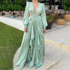 Women's Lace V-Neck Solid Color Fashion Dress Aclosy