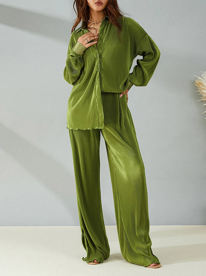 Women's Long-sleeved Pleated Loose High-waist Trouser Suit aclosy