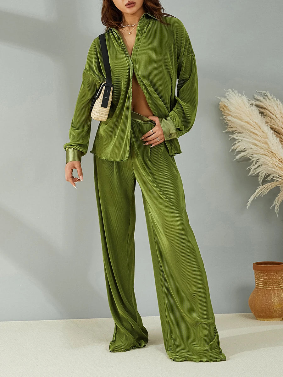 Women's Long-sleeved Pleated Loose High-waist Trouser Suit aclosy