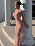 Rhinestone Blouse Mesh Long Sleeve Split Dress aclosy