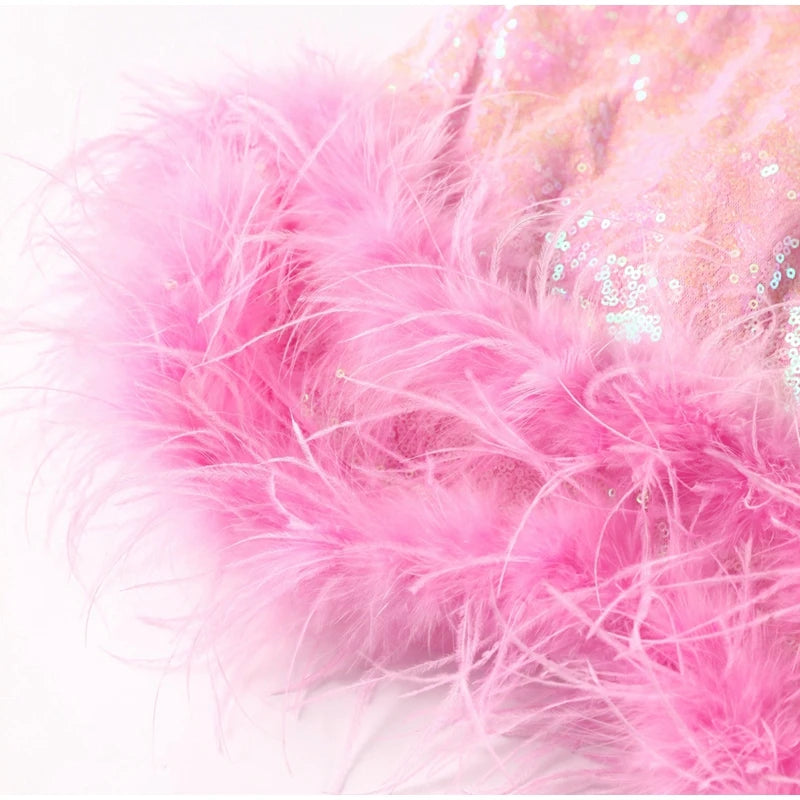 Women's Tight Artificial Fur Belt Purple Sequin Slip Dress Aclosy