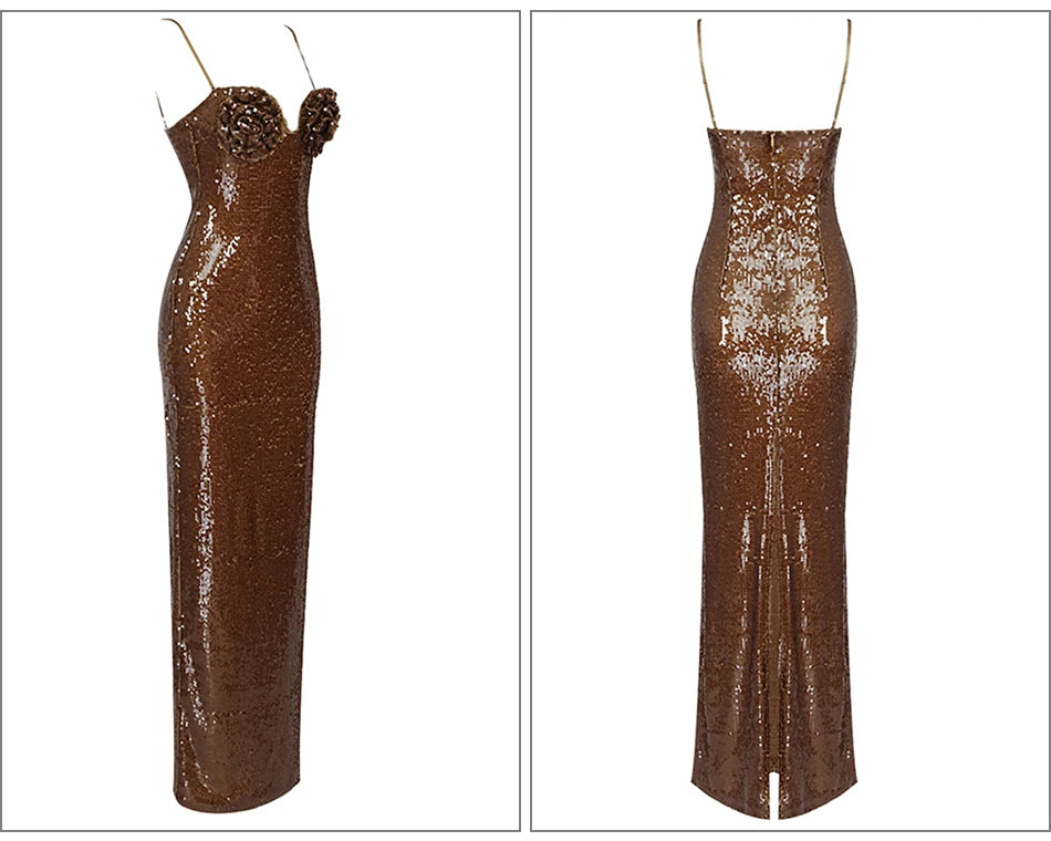 Champagne Gold Sequin Sling Ladies Dress aclosy