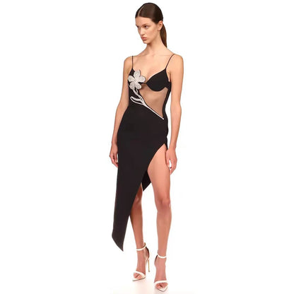 Women's Fashionable Temperament See-through Skinny Slimming Bouquet Diamond Mesh Dress Aclosy