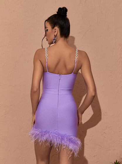 Metal Strap Feather Bandage One-piece Dress aclosy