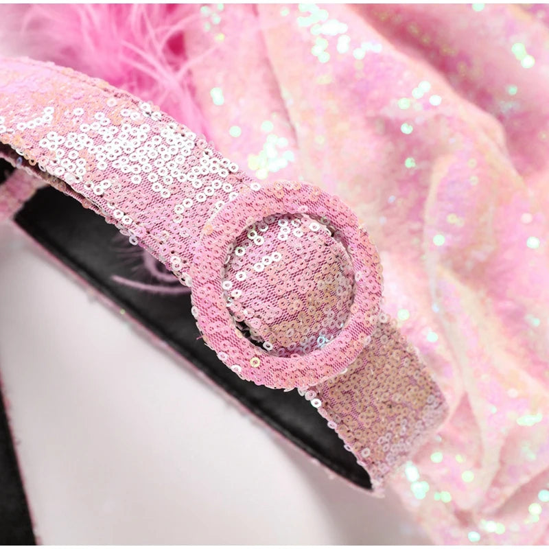 Women's Tight Artificial Fur Belt Purple Sequin Slip Dress Aclosy