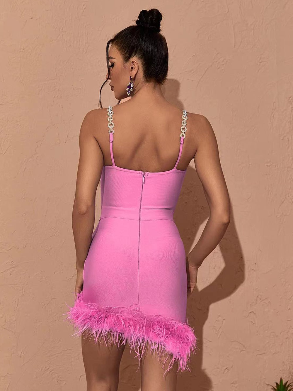 Metal Strap Feather Bandage One-piece Dress aclosy