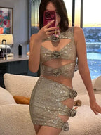 Flower Decoration Elegant Rhinestone Dress Aclosy