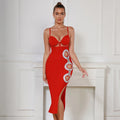 Hollow Jeweled Side Slit Sling Bandage Knitted Dress aclosy