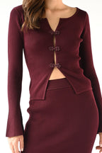 Square Collar Short Shirt Buckle  Burgundy Knitted Two-piece