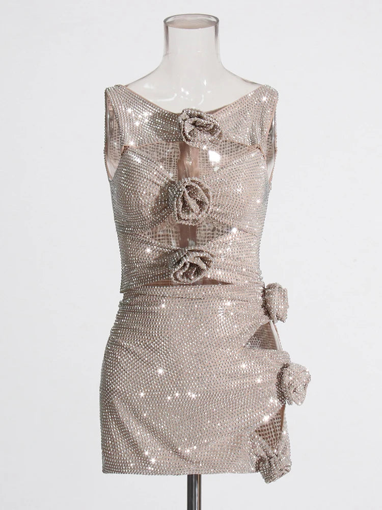 Flower Decoration Elegant Rhinestone Dress Aclosy