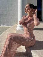 Rhinestone Blouse Mesh Long Sleeve Split Dress aclosy