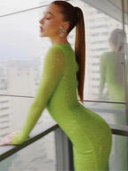 Long Sleeve Heavy Industry Sparkling Full Rhinestone Sheath Tight Elegant Dress Aclosy