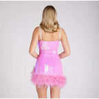 Women's Tight Artificial Fur Belt Purple Sequin Slip Dress Aclosy