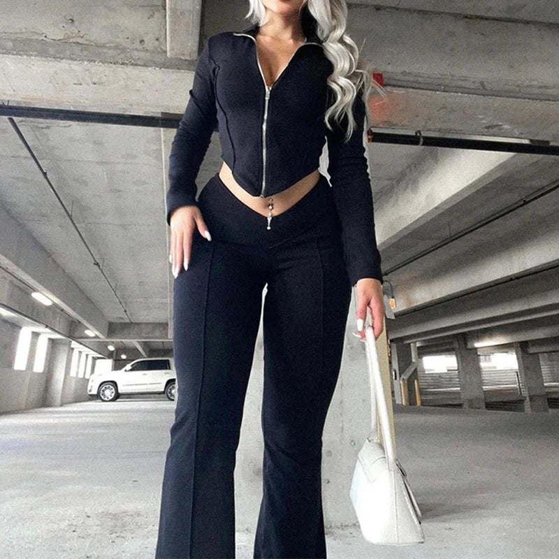 High Waist Bootcut Pants Leisure Sports Two-piece Set aclosy