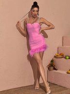 Metal Strap Feather Bandage One-piece Dress aclosy