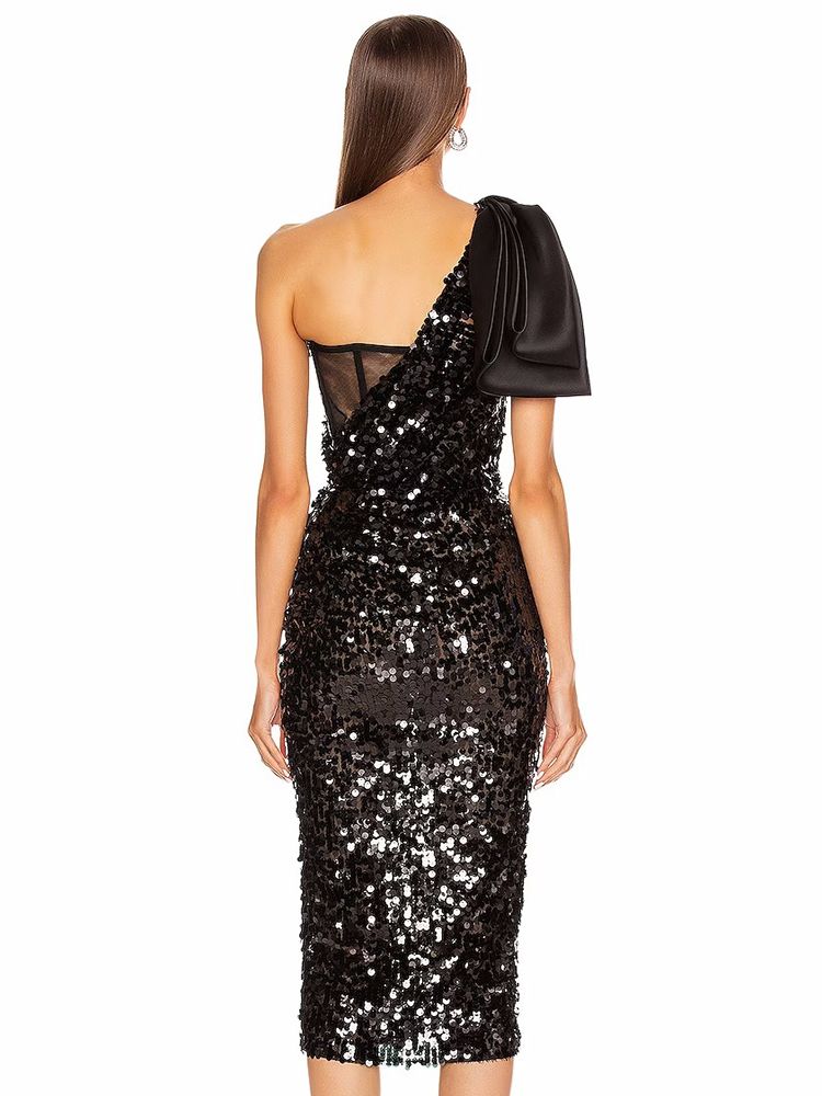 Elite One-shoulder Bow Sequined Sheath Dress Aclosy