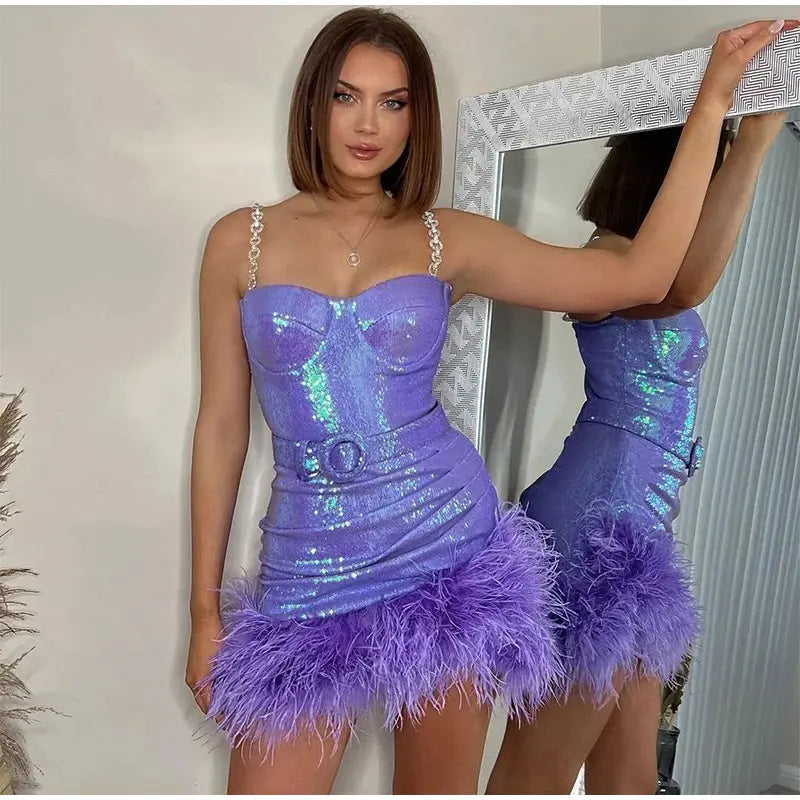 Women's Tight Artificial Fur Belt Purple Sequin Slip Dress Aclosy