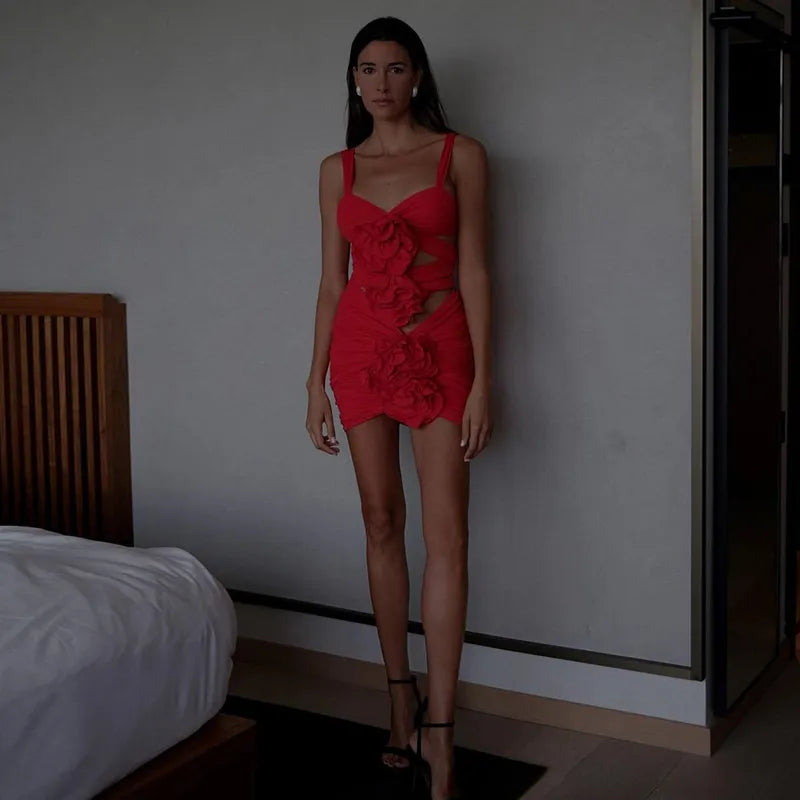 Three-dimensional Flower Lace-up Cutout Suspender Dress Aclosy