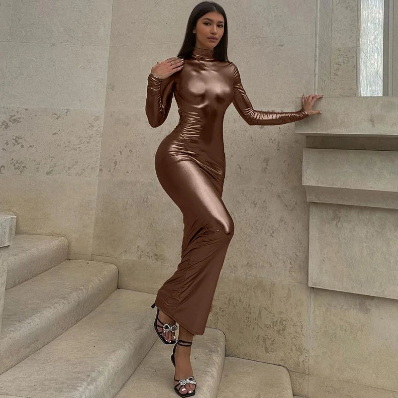 Polyester Sexy Backless Pleated Solid Color Long Sleeve Finger Stall Dress Aclosy