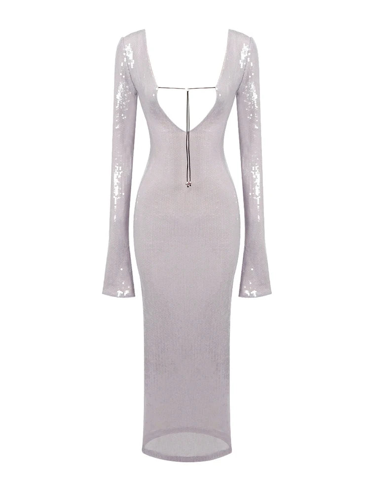 Sequined V-neck Backless Dress Slim Fit Aclosy
