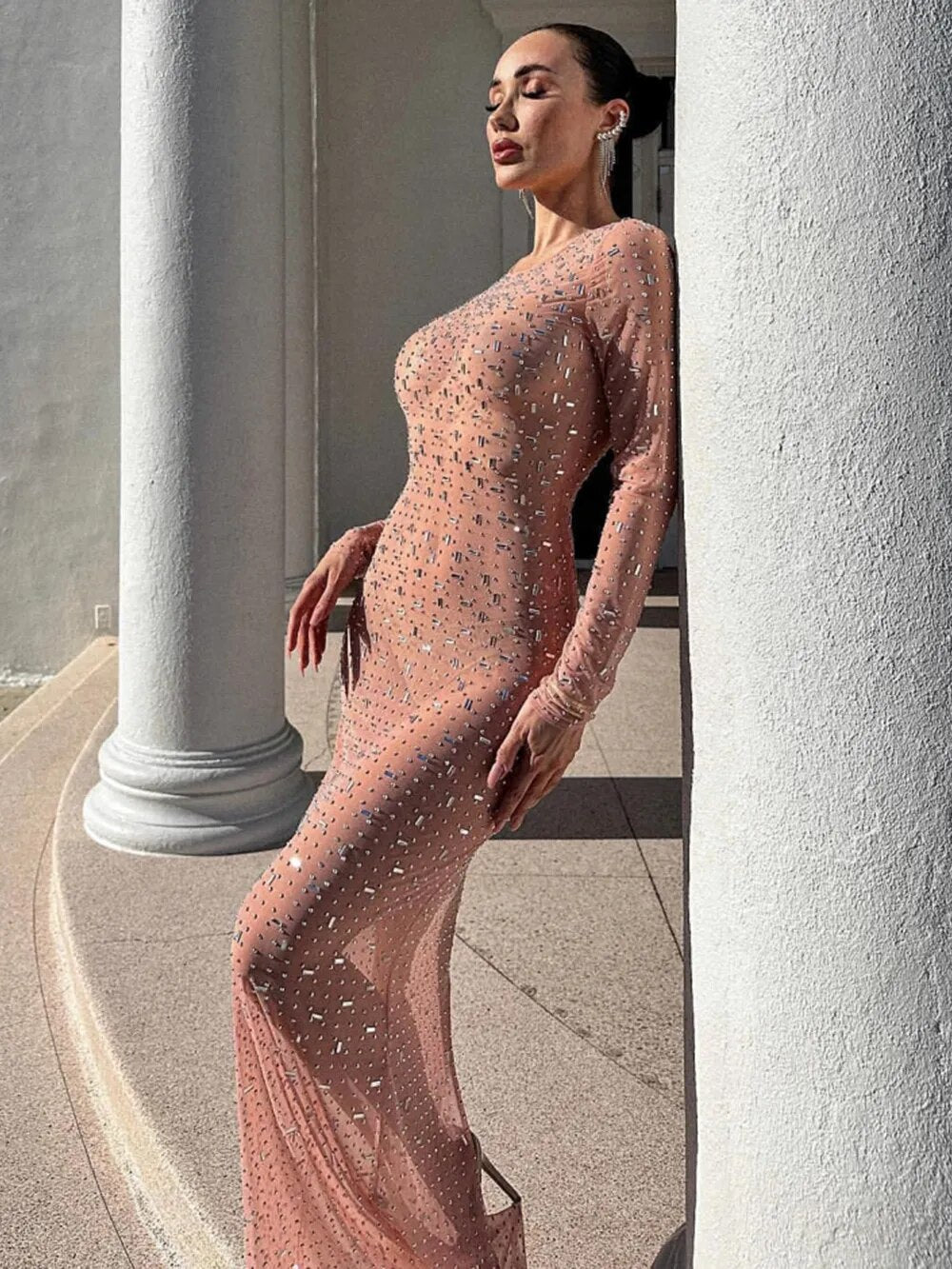 Rhinestone Blouse Mesh Long Sleeve Split Dress aclosy