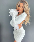 Women's Open-back Feather Long-sleeved Dress Aclosy