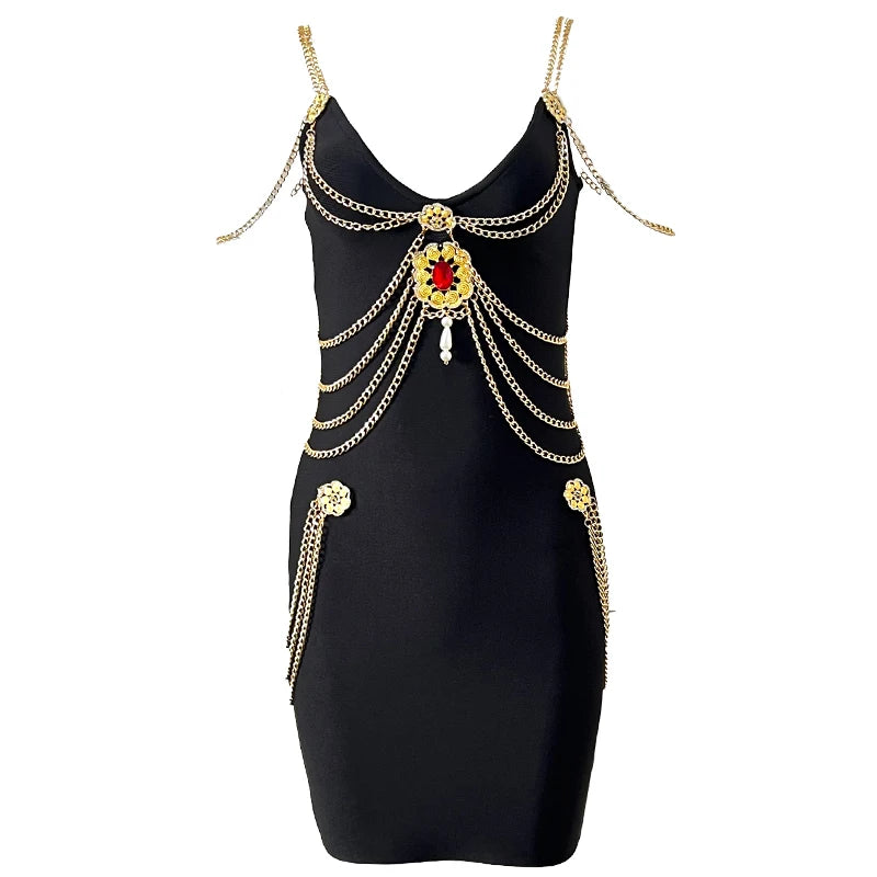 Women's Gold Chain Bandage One-piece Dress aclosy