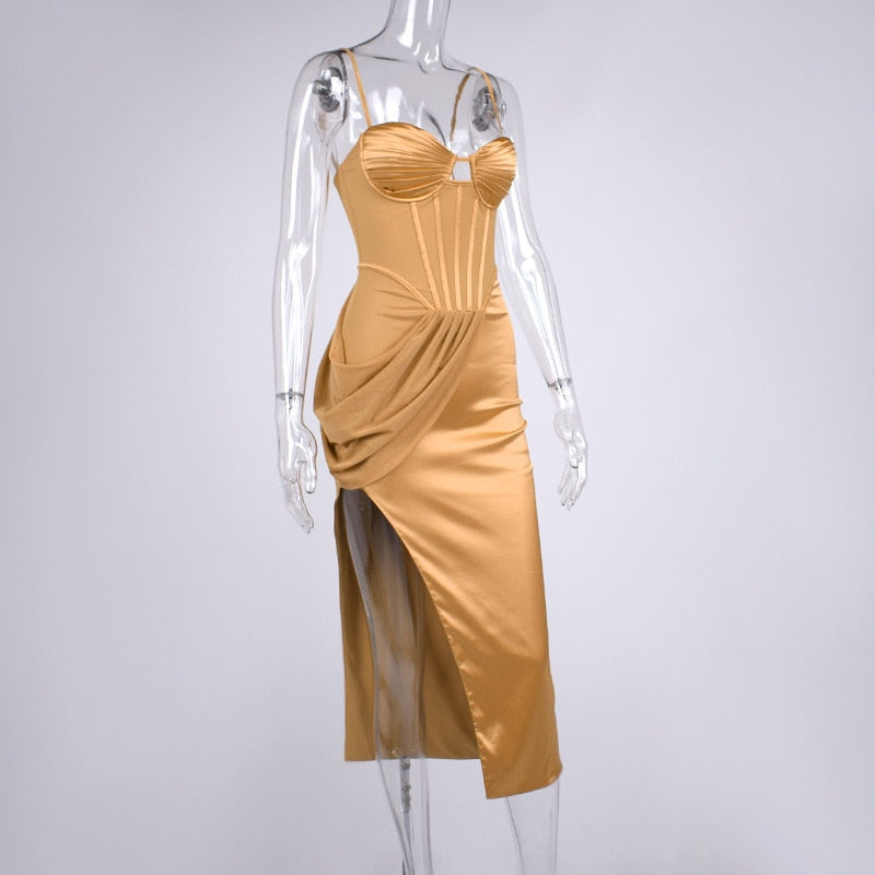 Ladies Fashion Mesh Fishbone Pleated Midi Dress Aclosy