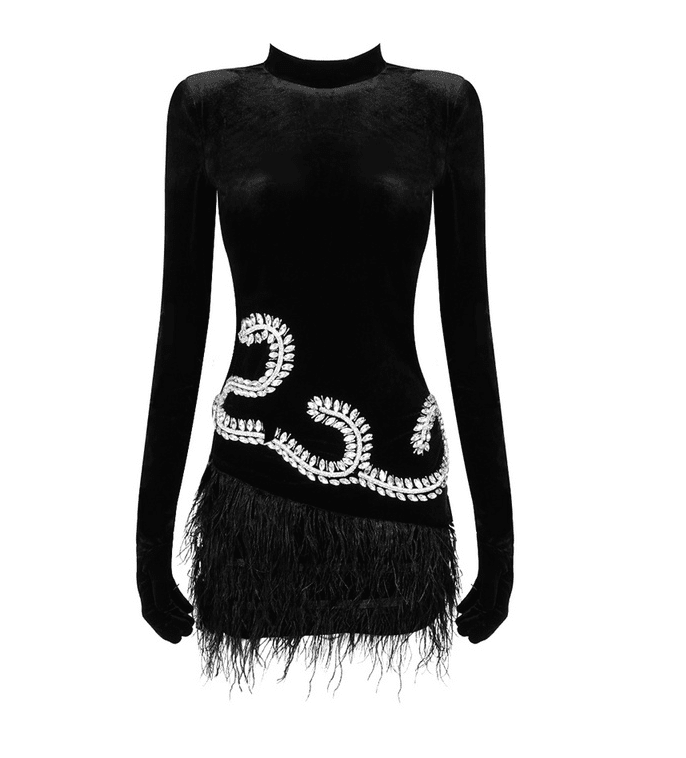 Black Sexy Casual Long Sleeve Velvet Slimming Dress aclosy