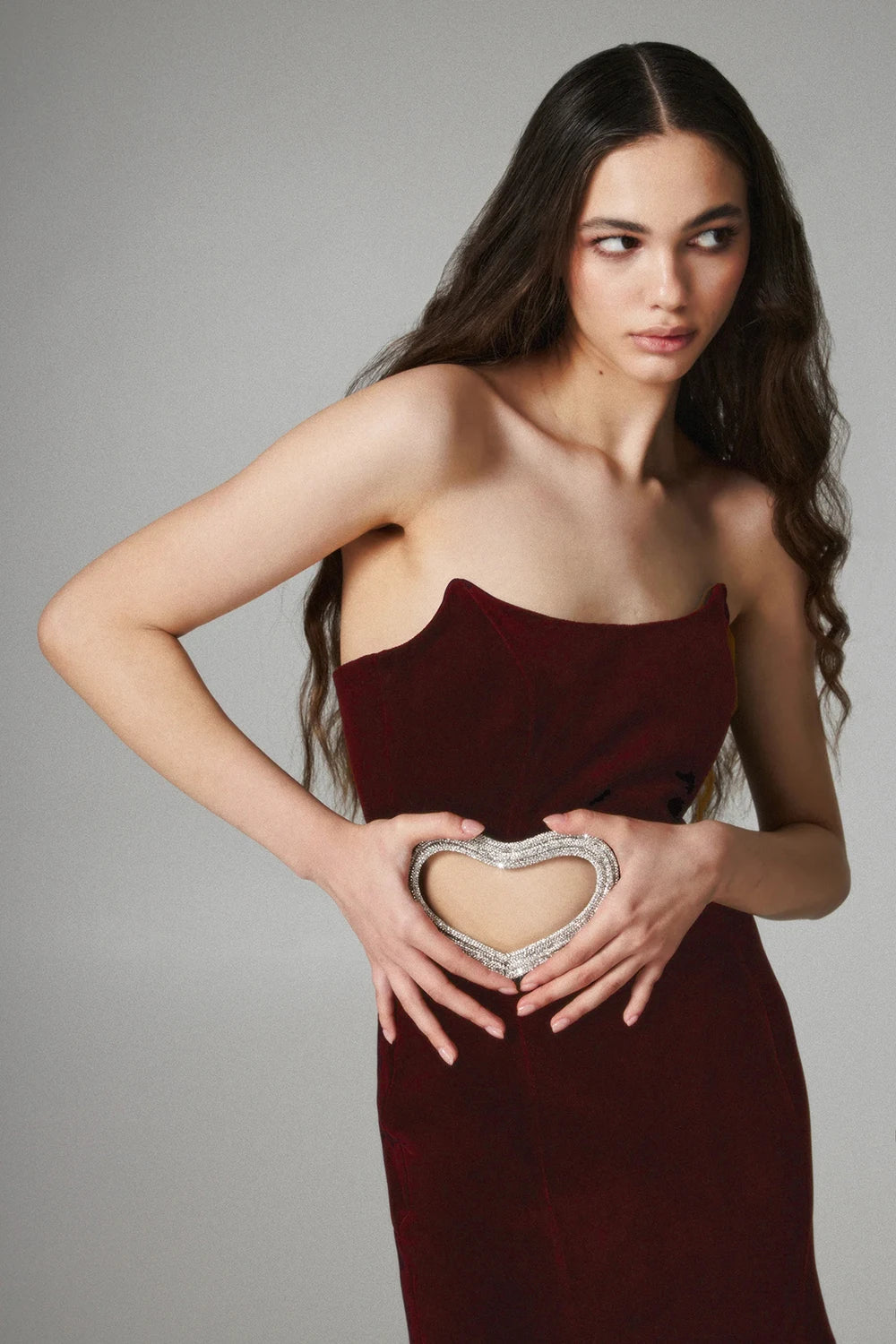 Women's Wine Red Hollowed Heart Shape Diamond Tube Top Dress Aclosy