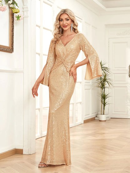 Gold Sequin Slim Fishtail Bridesmaid Banquet Evening Dress Aclosy