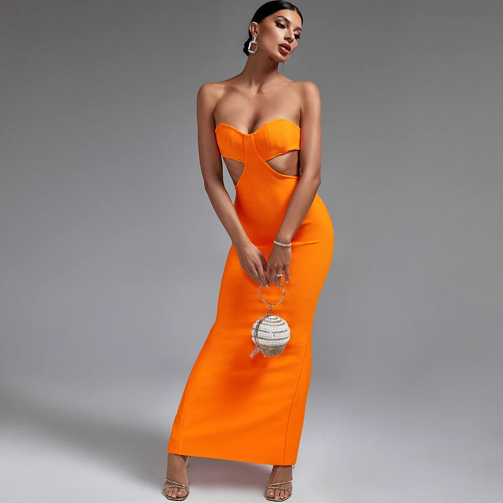 Off-the-shoulder Tube Top Slimming Hollow Elegant Long Bandage One-piece Dress Aclosy