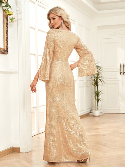 Gold Sequin Slim Fishtail Bridesmaid Banquet Evening Dress Aclosy