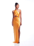 Women's Slant Shoulder Hollow Pleated High Slit Long Dress aclosy