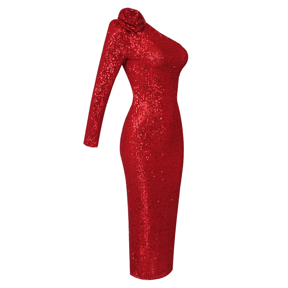 Elegant High-end Rose Red Sequined Evening Dress Aclosy