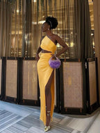 Women's Slant Shoulder Hollow Pleated High Slit Long Dress aclosy