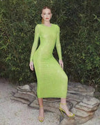 Long Sleeve Heavy Industry Sparkling Full Rhinestone Sheath Tight Elegant Dress Aclosy