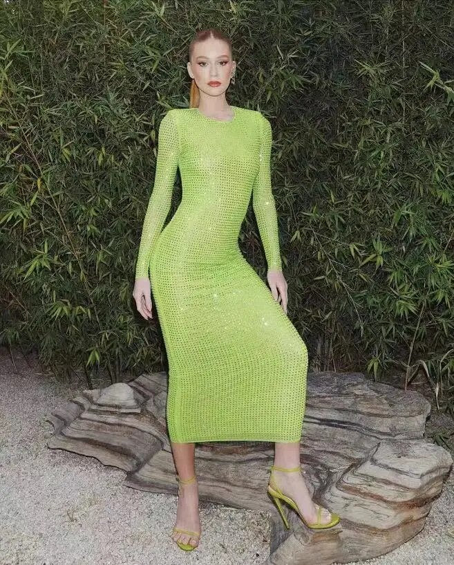 Long Sleeve Heavy Industry Sparkling Full Rhinestone Sheath Tight Elegant Dress Aclosy