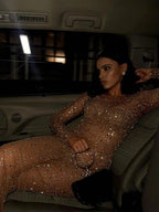 Rhinestone Blouse Mesh Long Sleeve Split Dress aclosy