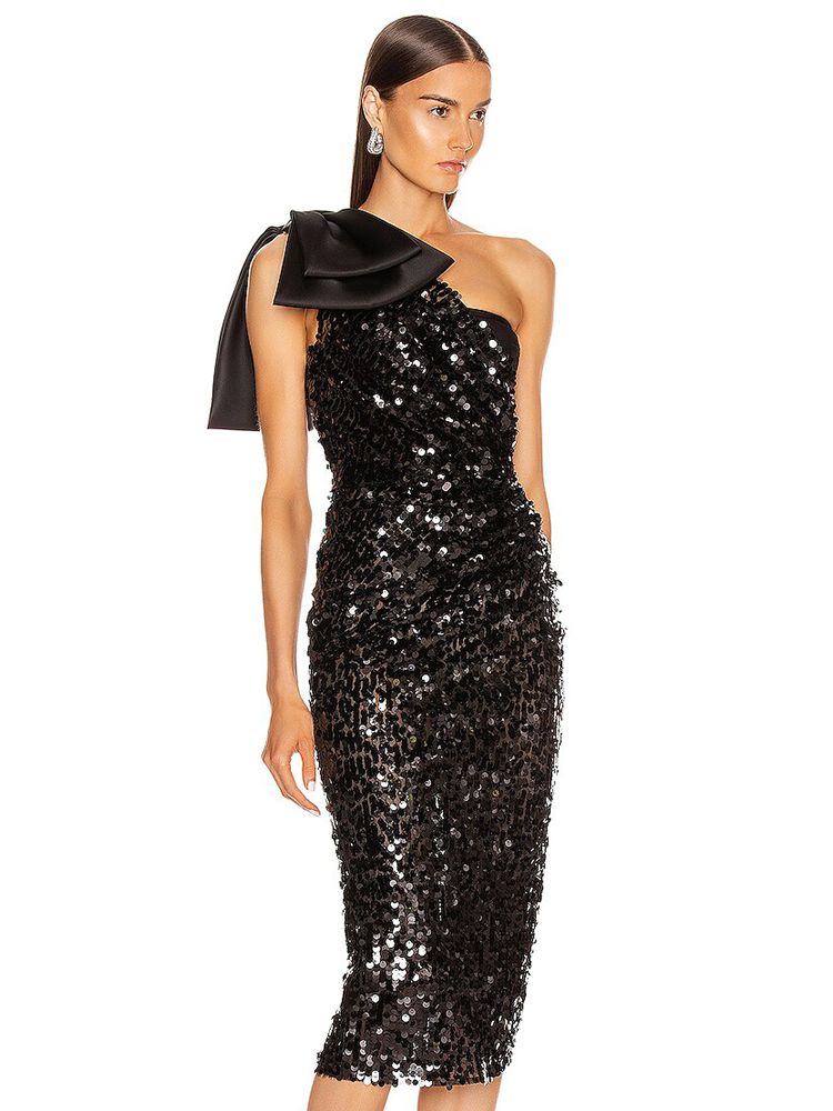 Elite One-shoulder Bow Sequined Sheath Dress Aclosy