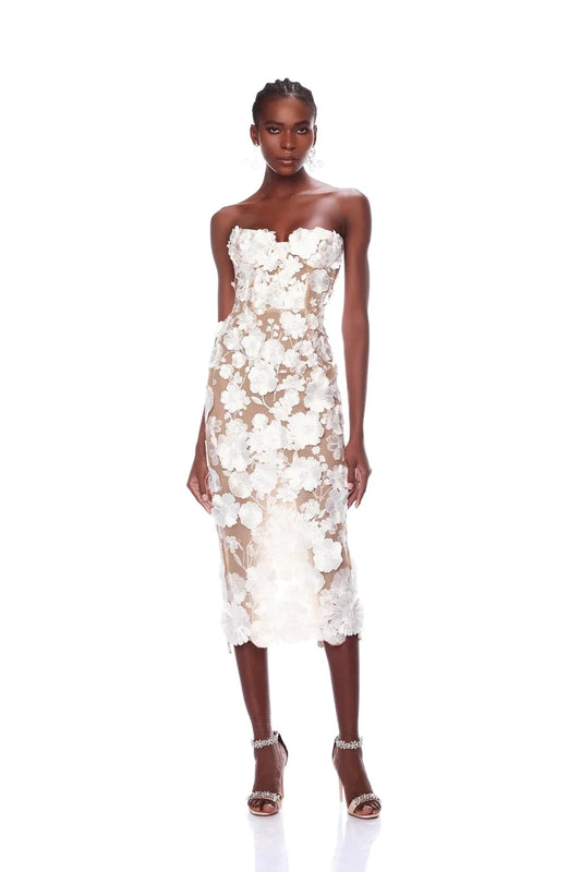 Women's Fashion Tube Top Flower Mesh Mid-length Dress Aclosy