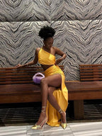 Women's Slant Shoulder Hollow Pleated High Slit Long Dress aclosy