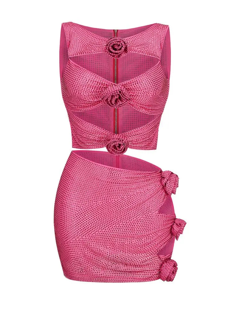 Flower Decoration Elegant Rhinestone Dress Aclosy