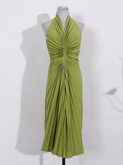 Pleated Light Luxury Green Retro Halter aclosy