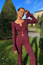 Square Collar Short Shirt Buckle  Burgundy Knitted Two-piece