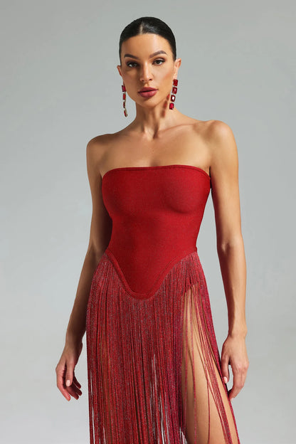 Alara Fringe Sleeveless Strapless Tassel Bandage Bodysuit