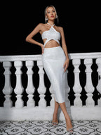 Rhinestone Cutout Halter Neck Slit Dress Trendsi