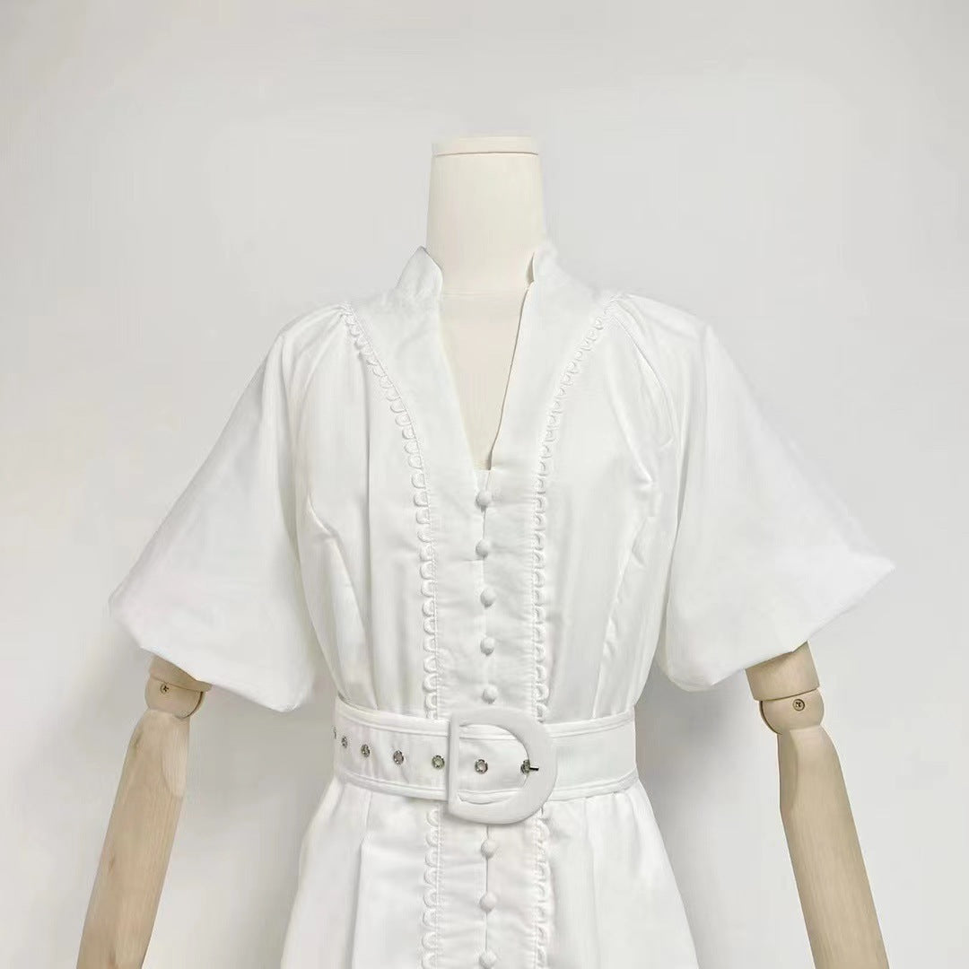 V-neck Puff Sleeve Single Breasted Belt Waist Trimming Short Dress Women aclosy