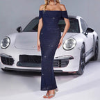 Mesh Silver Off-shoulder Slim Dress #aclosyESL