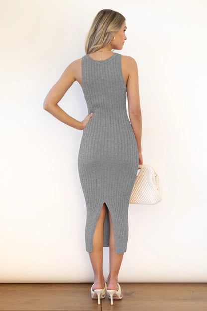 Slit Ribbed Round Neck Sleeveless Dress Trendsi